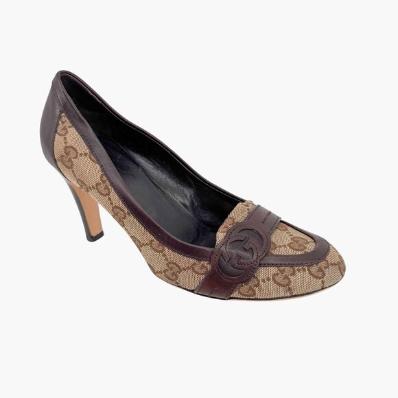 Gucci Interlocking G Beige GG Logo Canvas Heels Pumps Size 7 Women - Picture 9 of 15